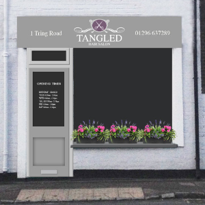 Outside Tangled hair salon.